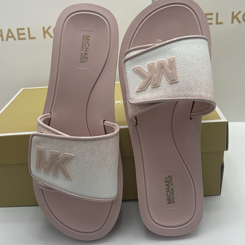 Michael Kors Pale Pink Slide Sandals with Textured MK Strap